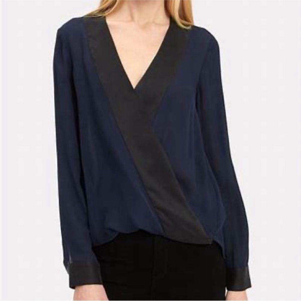 L'agence Kyla Navy & Black Silk Long Sleeve V-Neck Blouse Top Size Small NWT